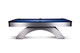Studio silhouette of the Doc & Holliday Poshy Rainbow Slate Pool Table featuring brushed metallic base with rainbow accents, black upper rails, and Euro Blue Championship felt. Studio silhouette of the Doc & Holliday Poshy Rainbow Slate Pool Table featuring brushed metallic base with rainbow accents, black upper rails, and Euro Blue Championship felt.